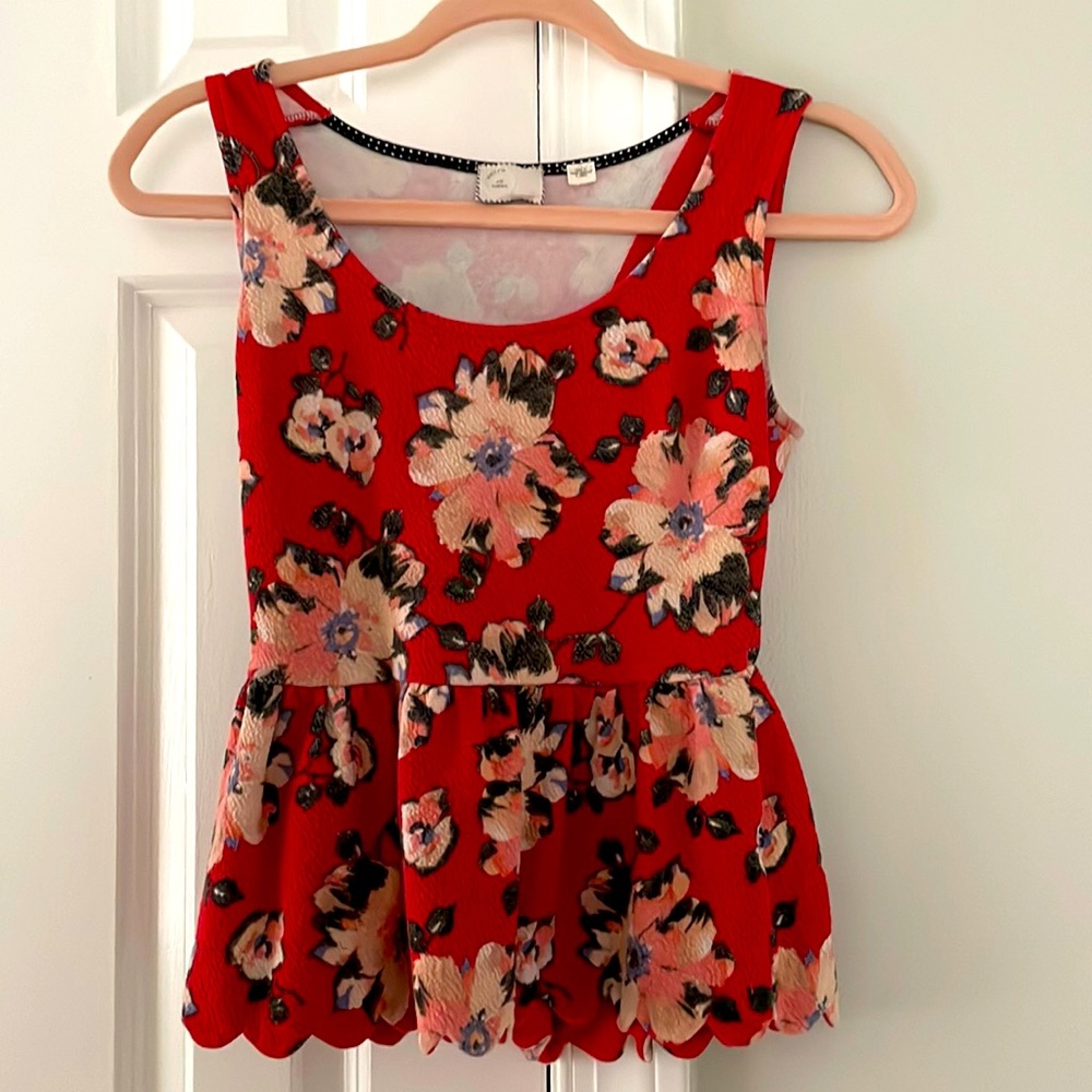 Anthropologie Red Floral Peplum Top XS